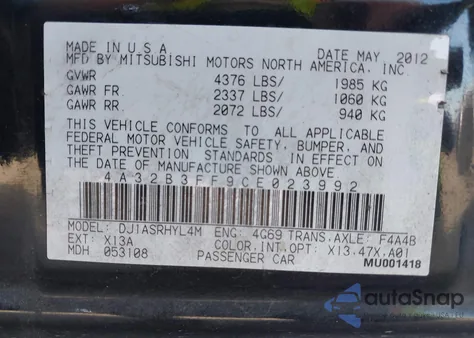 2012 Mitsubishi Galant Es/Se z USA, uszkodzony, nr VIN 4A32B3FF9CE023992